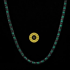 Naszyjnik tenisowy ze szmaragdami i czarnymi diamentami,SOLIDNY 925 srebrny łańcuszek tenisowy Iced Out, pojedynczy rząd 16"-28",Czarny i zielony, wyjątkowy naszyjnik