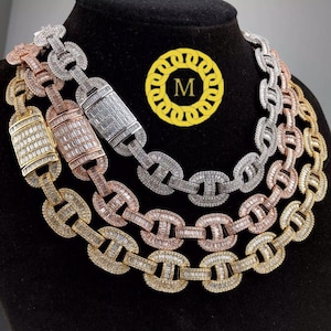 16 mm Baguette Mariner Bust Down Chain Prawdziwy diament Moissanite VVS1 z 14-karatowym białym złotem, wykończony srebrem próby 925, 16 - 26 ..