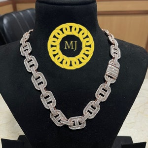 Ciężki solidny 925 srebrny łańcuszek z diamentami VVS1 Baguette Moissanite-16 mm Ice True Baguette Stone Mezo Link Chain, wykończenie w kolorze złota 14k