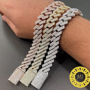 Ciężkie, solidne srebro próby 925 | VVS1 Moissanite wysadzane diamentami | Bransoletka Curb o szerokości 20 mm i szerokości 6-9 cali | Bransoletka Iced Out platerowana 18-karatowym złotem