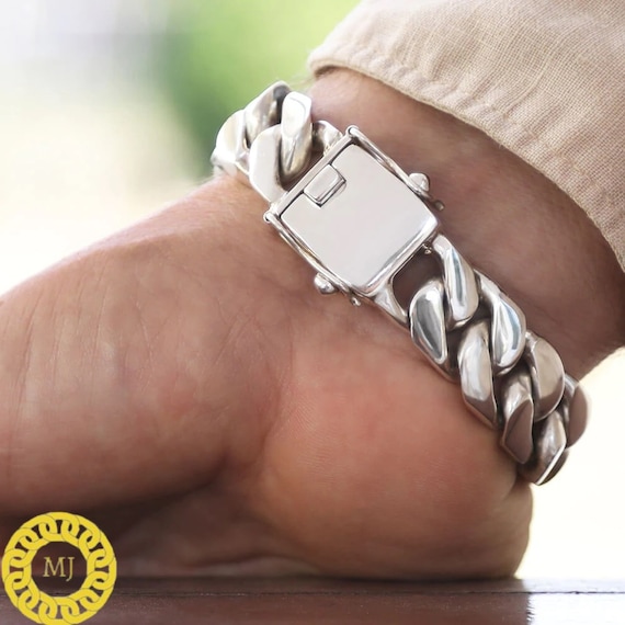 8 " Da Uomo Solido 925 Argento Sterling Miami Collegamento Cubano - Foto 5