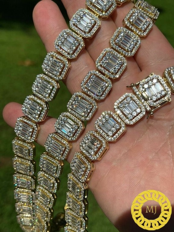 925 Silver Baguette Chain 12mm Men s Iced Diamond Necklace Moissanite Necklace Cool Rapper Chain icy Necklace Pass the Diamond Tester Etsy Australia