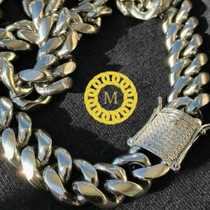 Collar de cadena cubana Miami para hombre, de plata esterlina maciza 925, resistente al deslustre, de 14 mm de ancho y 18"-26" de largo, con cierre de diamante de moissanita.
