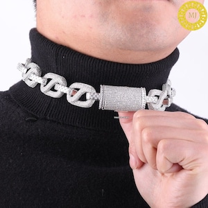 Ciężki solidny 925 srebrny męski łańcuszek VVS1 Moissanite wysadzany diamentami, łańcuszki Baguette Icedout Rapper, szerokość 20 mm, wysokiej jakości zapięcie pudełkowe