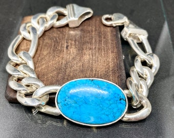 turquoise figaro Chain Bracelet, 925 Sterling Silver Cabochon Men&#39;s Jewelry December Birthstone,heavy Figaro silver Bracelet,Gifts for him