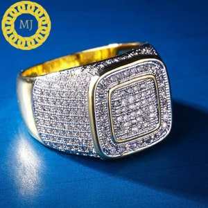 Square Micro Pave Set Diamond Ring, Moissanite Iced Out Diamond Ring For Men , Wedding Groom&#39;s Ring, Diamond Signet Ring, Hip-Hop Men&#39;s Ring