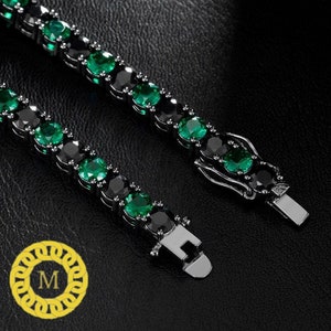 Czarno-biała bransoletka damska dziewczęca SOLIDNA 925 bransoletka tenisowa Iced Out Single Row czarny diament i zielony szmaragd 6"-8.5"