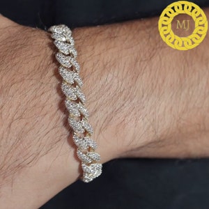 Bransoletka z łańcuszkiem z ogniwami kubańskimi 8,5 mm Iced Out, Hip Hop Bling, Bransoletka unisex, Prezent dla niego/niej, Naturalna bransoletka z moissanitu kubańskiego, Srebro próby 925