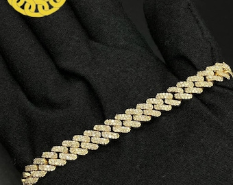 10 mm Cuban Link Chain Iced Out Bracelet,Hip Hop Bling, Unisex Bracelet, Gift For Him/Her, Natural Moissanite Cuban Bracelet,Sterling Silver