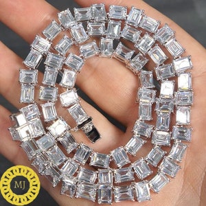 Iced Out Emerald cut Moissanite Tenisowy łańcuszek, Męski/damski naszyjnik tenisowy Bling Hip Hop, 925 Solid Silver Tenisowy naszyjnik, Prezent dla niego i dla niej