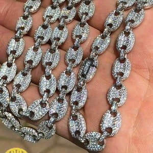 Moissanite VVS1 diamonds Solid 925 Sterling Silver Men&#39;s Mariner Puff Links Iced out Moissanite Chain-8mm wide 18-28&quot; Inch&quot; 18k Gold plated