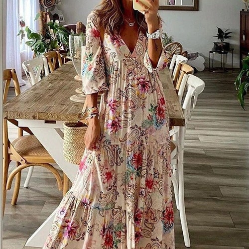 Vintage Chic Women Boho Dress Floral Print Boho Dress Hippie - Etsy