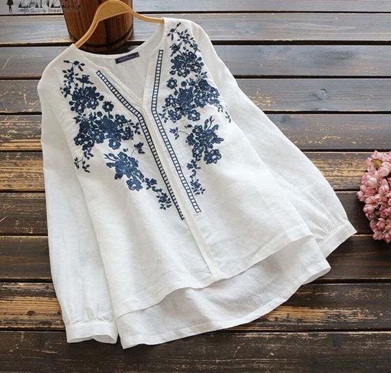 Floral Embroidered Linen Top White Linen Top Blue Linen - Etsy
