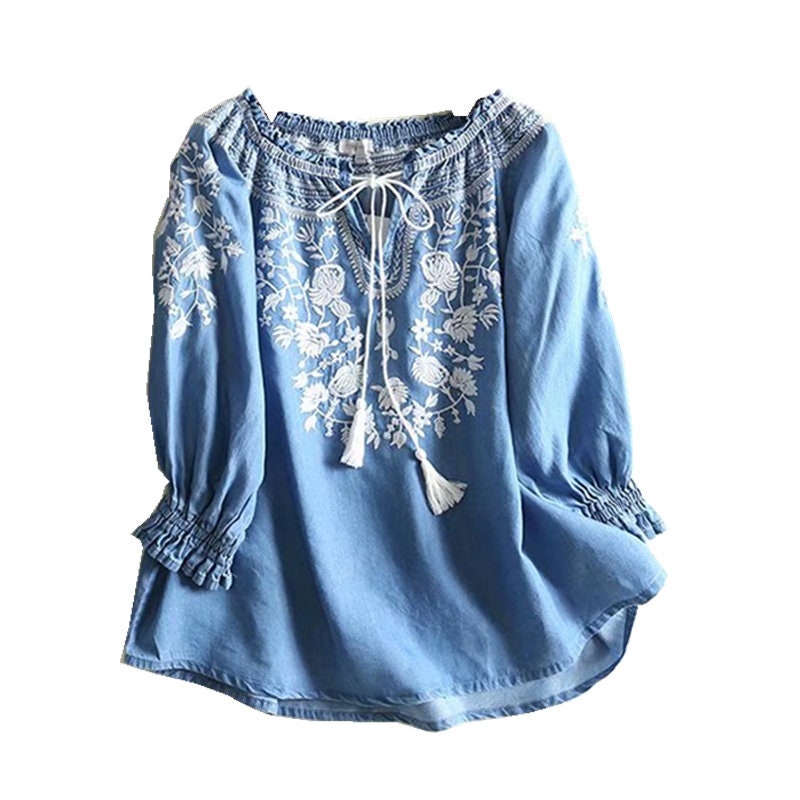 Embroidered Denim Blouse Floral Embroidered Denim Top Boho - Etsy