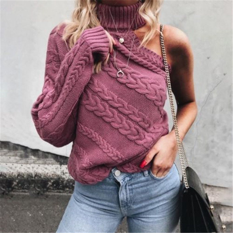 TopBohemianDesigns One Shoulder Sweater, Women's Chunky Hand Knit Sweater, Turtle Neck Sweater, Off-Shoulder Sweater, Boho Sweater, Cable Knit Sweater,
