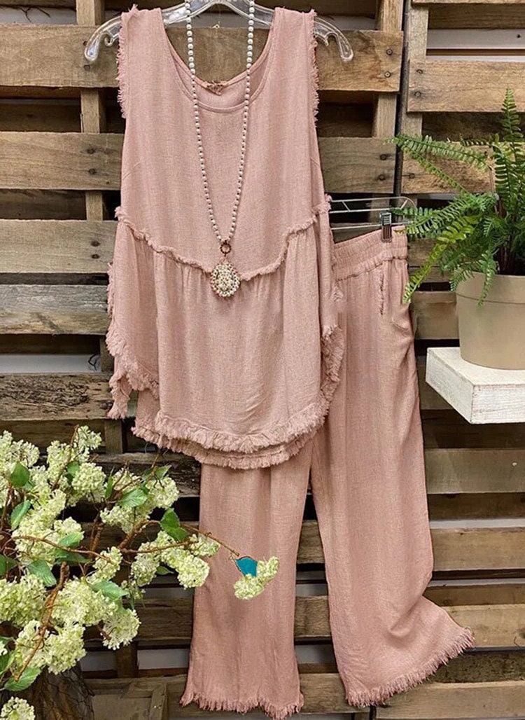 Linen Summer Top and Pants for Women Linen Blouse With Pants Etsy