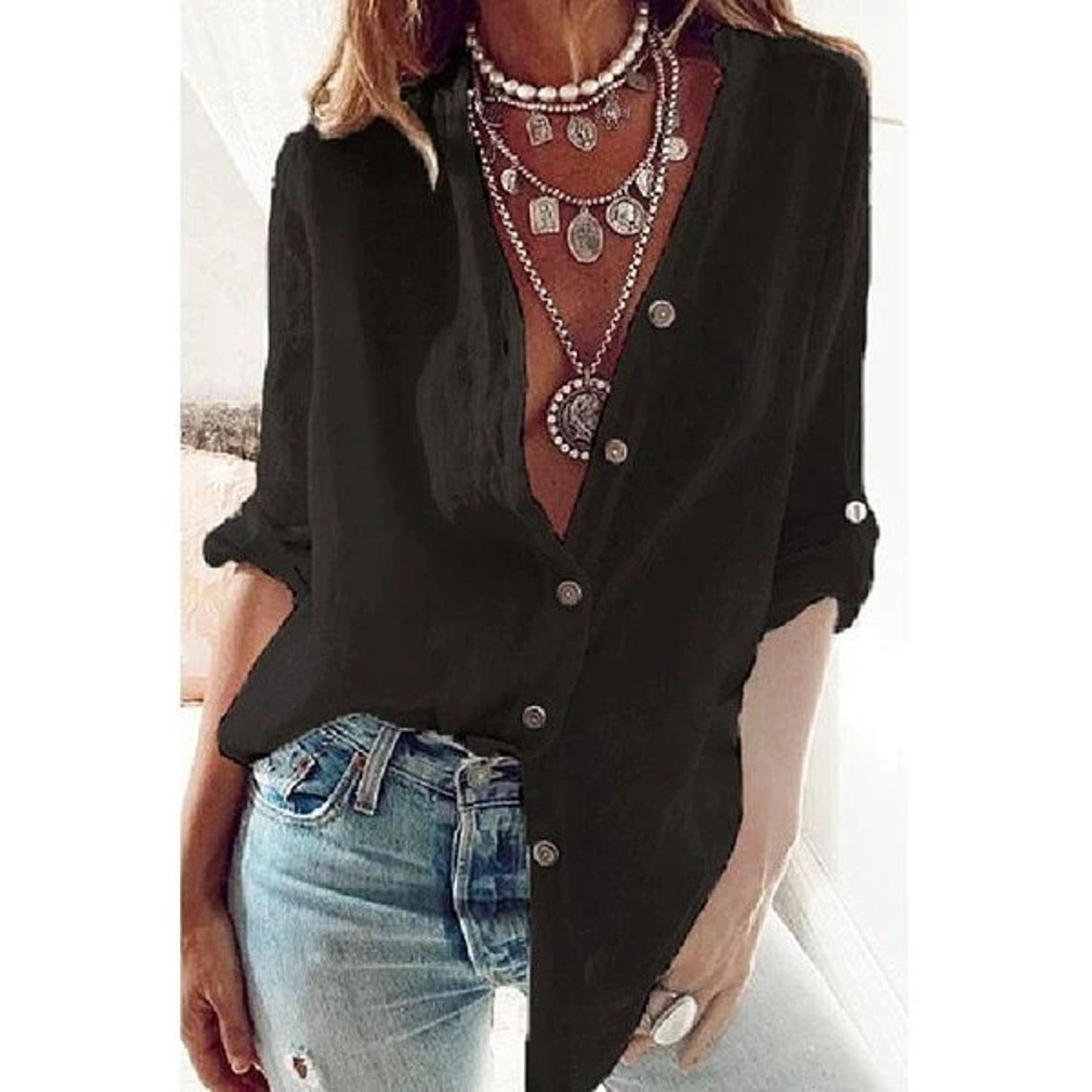 Women's Casual Linen V-neck Shirt main image 0