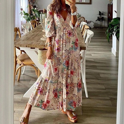 Ruffles Long Party Dress Boho Beach Dress Floral Print - Etsy