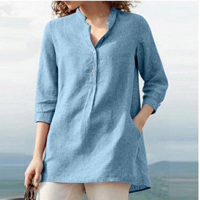 Classic Linen V-neck Shirt Women Summer and Spring Ladies - Etsy