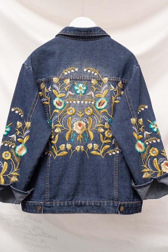 Denim Jacket Mexican Floral Embroidery Jean Jacket Handmade | Etsy