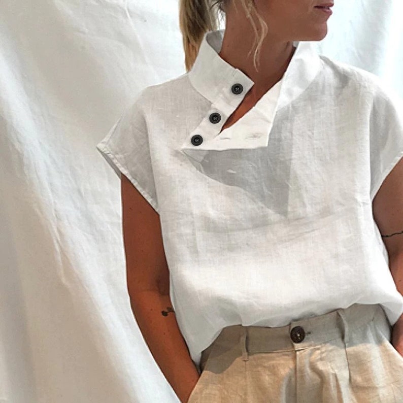 Classic Linen V-Neck Blouse, Women Summer and Spring Ladies Loose Blouses, Women's long sleeve linen top, Long Sleeve linen Blouse