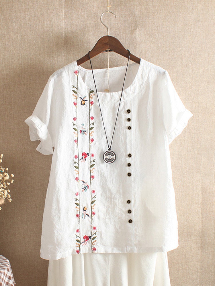 Classic Linen V-neck Blouse Embroidery Blouse Women's - Etsy