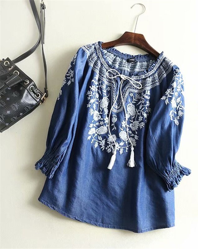 Embroidered Denim Blouse Floral Embroidered Denim Top Boho - Etsy