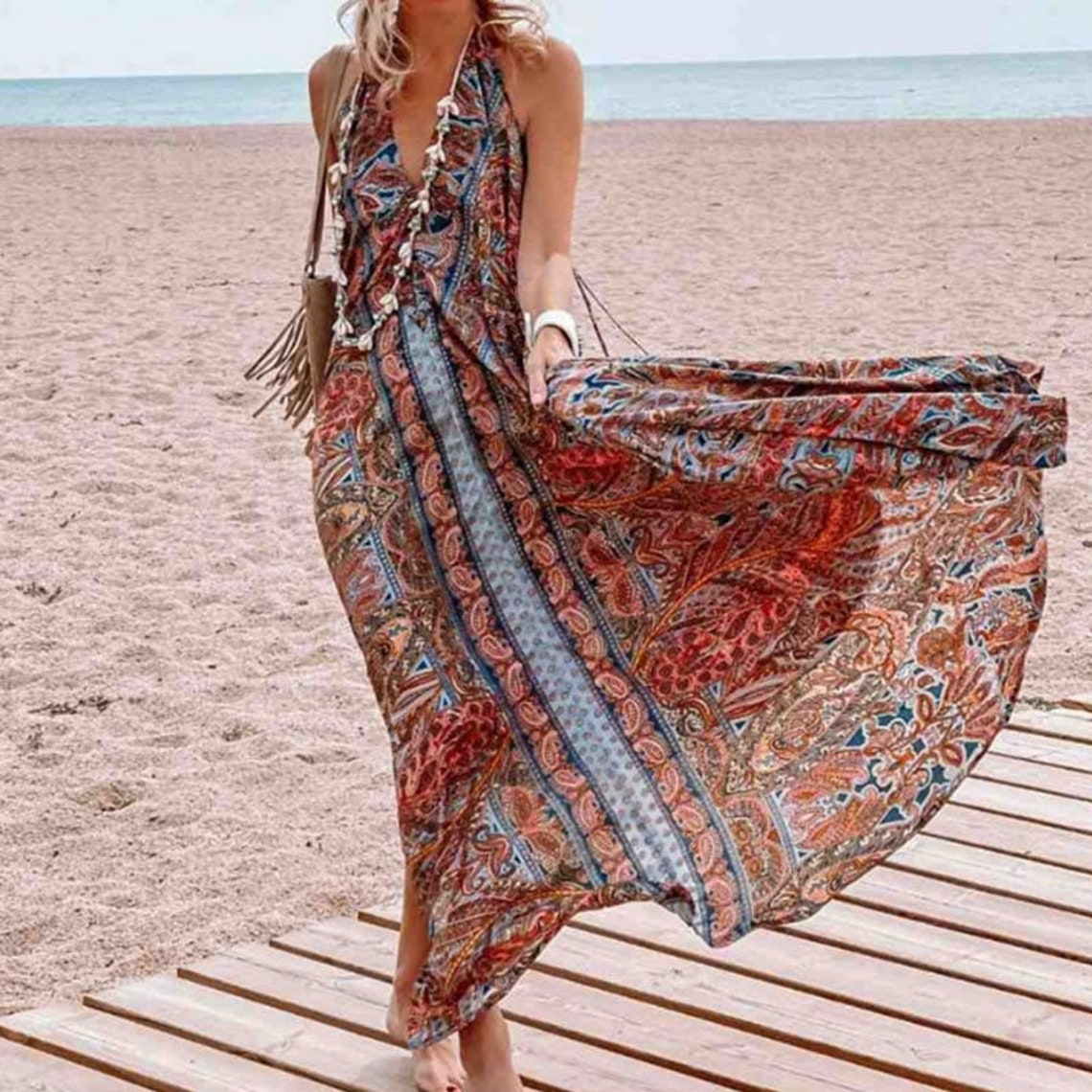 Summer Boho Beach Dress Floral Print Boho Dress Vintage Chic Etsy 