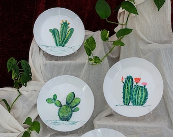 Decorative wall plates w/ cactus painting, variegated cactus, spring artwork, 3rd anniversary gift, cactus artwork, cactus party decor