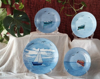 Decorative wall plates w/ fishing boat paintings - sailboat wall decor - sailboat paintings on plates - sailboat wall art - made in Greece