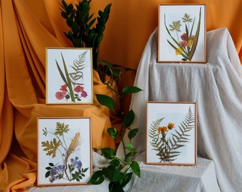 May include: Four framed pressed flower arrangements with different floral and foliage designs. The frames are all wooden and have a natural finish. The flowers are pressed and mounted on a white background. The frames are arranged on a white surface.