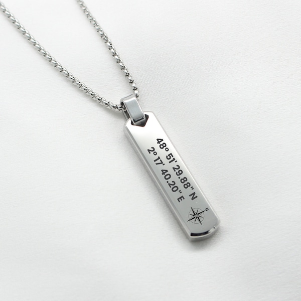 Personalized engraved necklace GPS coordinates for men and women, men's necklace jewelry engraving Valentine's Day birthday gift idea Father's Day