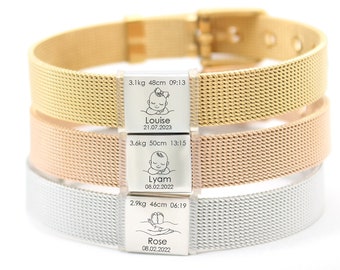 Pulsera de acero inoxidable grabada personalizada para mujeres y hombres, nacimiento de bebé, idea de regalo familiar, cumpleaños, bautizo, niño, papá, mamá