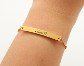 Personalized first name bracelet engraved fine chain for women, women&#39;s rectangle bracelet engraved, Godmother Valentine&#39;s Day birthday gift idea