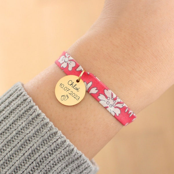 Bracelet Cordon Tissu Liberty Personnalisé prénom Idée cadeau bijou bracelet Maman Marraine Naissance Mamie Maîtresse Femme acier inoxydable