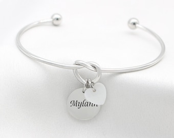 Bracelet Jonc Nœud Gravé prénom Nacre cœur, Bijou Idée cadeau Saint-Valentin personnalisé Maman Naissance Marraine Demoiselle d'Honneur Love