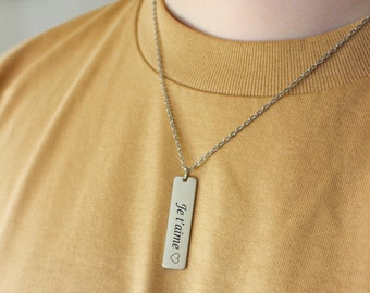 Men&#39;s necklace personalized rectangle pendant engraved, Dad Godfather birth necklace jewelry, initial first name jewelry gift idea Valentine&#39;s Day