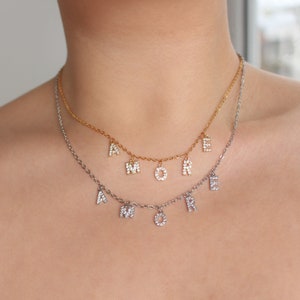 Collar de letras nombre de pedrería oro circonio inicial alfabeto collar, collar personalizado, regalo de cumpleaños, joyería de mujer, mejor amiga