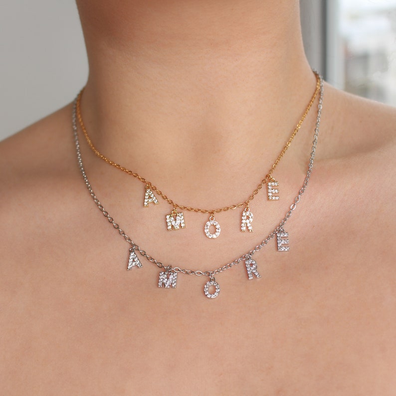 Eerste letter ketting strass goud zirkoon voornaam alfabet ketting, gepersonaliseerde ketting, verjaardagscadeau, damessieraden, beste vriend afbeelding 2