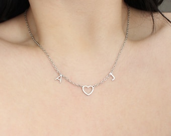 Collier prénom lettre personnalisé cœur initiale alphabet ami couple, idée cadeau d’anniversaire bijou femme maman marraine acier inoxydable