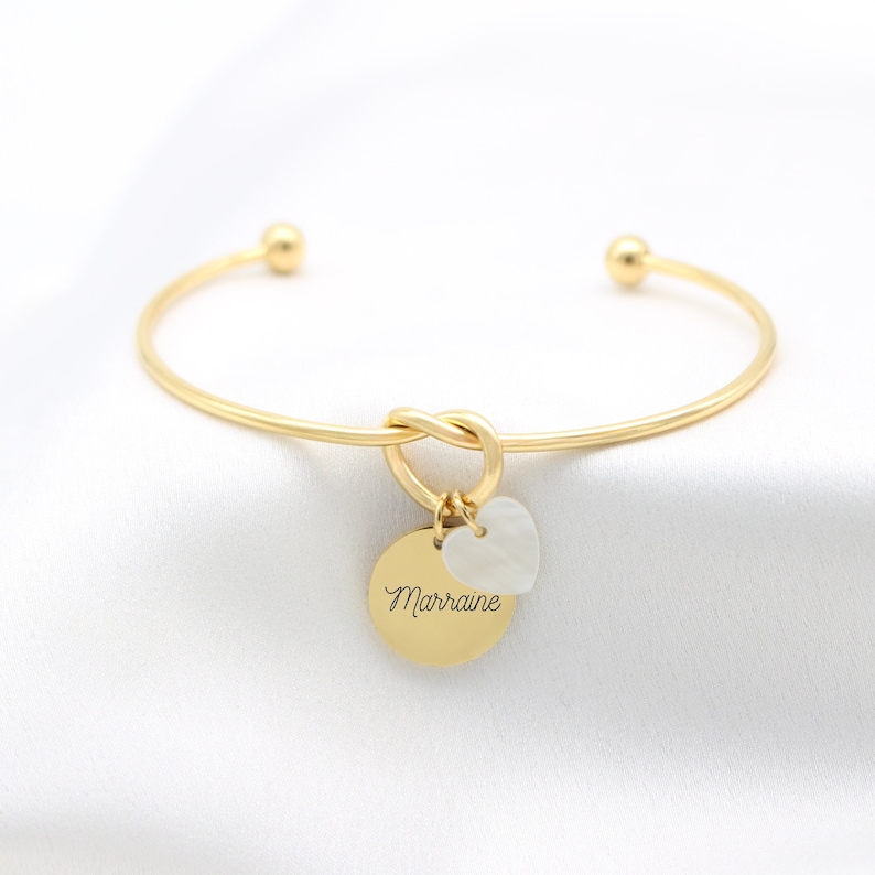 Bracelet Jonc Nœud Personnalisé prénom, Idée cadeau marraine, bijou femme gravé bracelet Marraine demande annonce Naissance Maman Filleul image 1