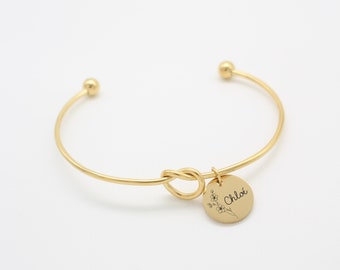 Bracelet Jonc Nœud Personnalisé, fleur de naissance, Bijou Bracelet Maman Naissance, Idée cadeau Mamie Marraine Bijou demoiselle d'honneur