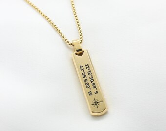Personalized necklace GPS coordinates engraved for men, men&#39;s necklace jewelry engraving Valentine&#39;s Day birthday gift idea Father&#39;s Day steel
