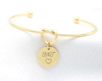 Bracelet Jonc Nœud Personnalisé femme, Bijou gravé prénom lettre initiale, idée de cadeau Saint-Valentin naissance maman Mamie Marraine