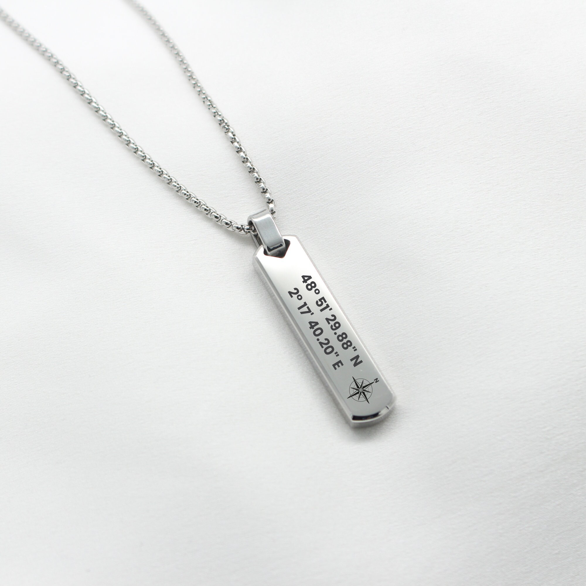 Personalized necklace engraved GPS coordinates Man Woman, jewelry necklace man engraving Valentine's Day birthday gift idea Father's Day