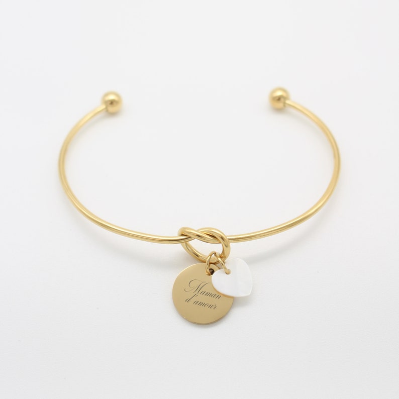 Bracelet personnalisé Jonc Nœud prénom Nacre cœur étoile, Idée cadeau Marraine bijou bracelet Maman Naissance Mamie Demoiselle d'Honneur image 1