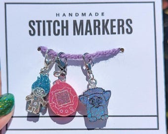 90s kids Stitch Markers - Retro progress keeper, throwback toys, crochet gift, knitting notion,