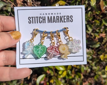 Spring Garden Stitch Markers: Fairy, Leaf, Mushroom, Sunflower, Butterfly
