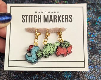 Holiday Dinosaur Stitch Markers: Holographic Glitter Christmas Progress Keepers