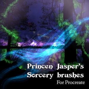 May include: A digital illustration of a magical forest scene with swirling blue and green lights. The text "Princen Jasper's Sorcery brushes For Procreate" is at the bottom of the image.